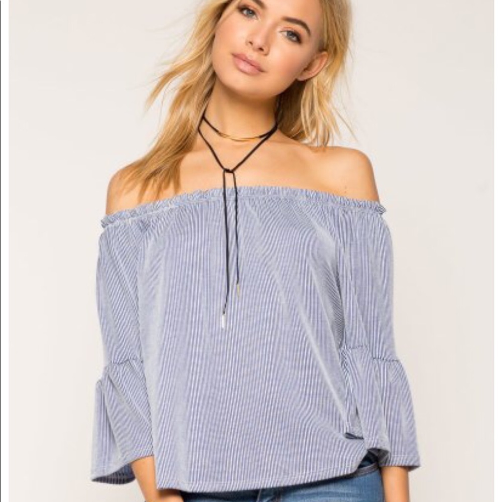 Blue and white striped off the shoulder top